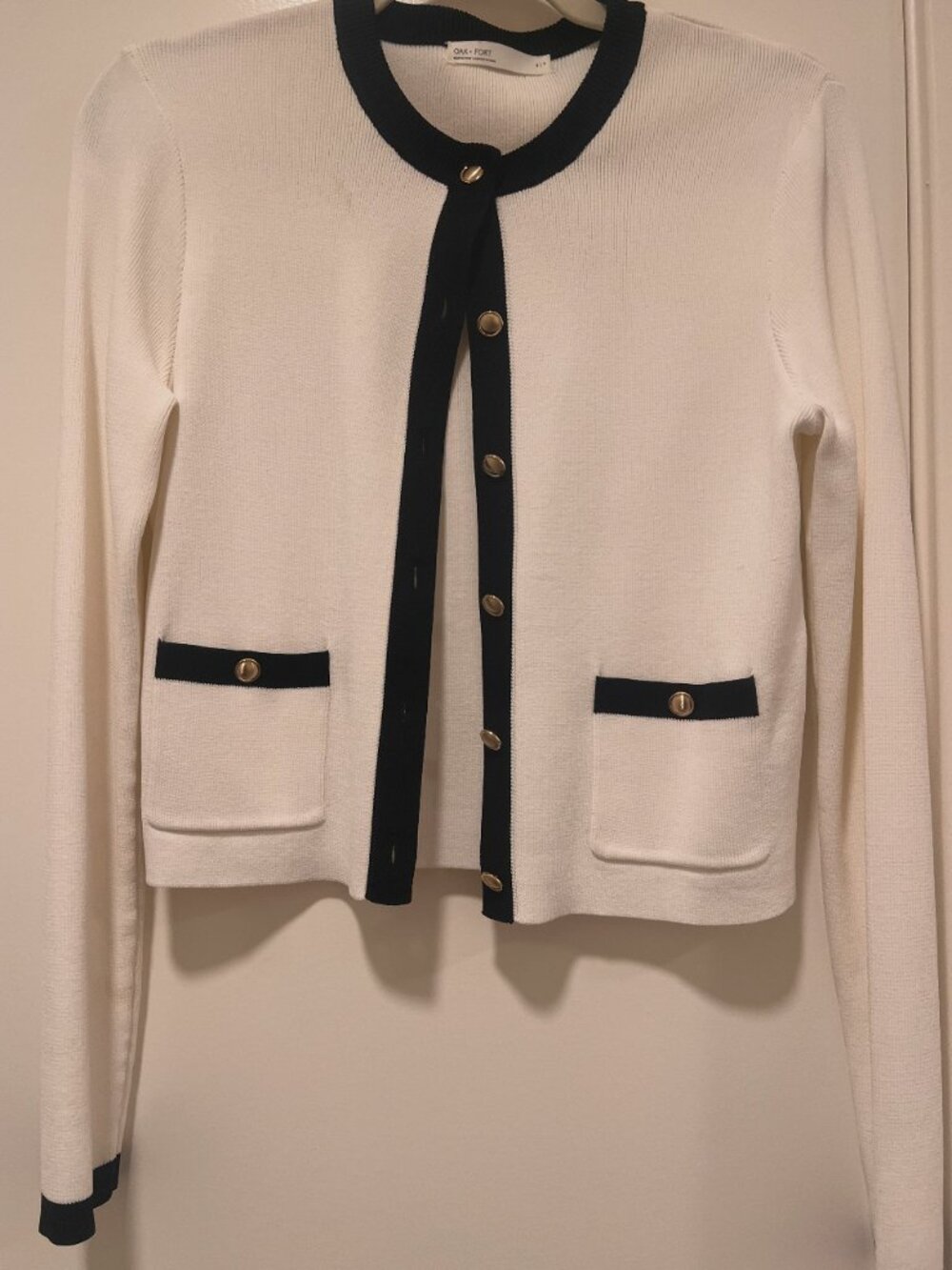 Oak + Fort Cream Cardigan Navy Trim Gold Buttons S